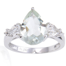 Load image into Gallery viewer, Green amethyst teardrop ring, pear shape amethyst centre stone ring for women