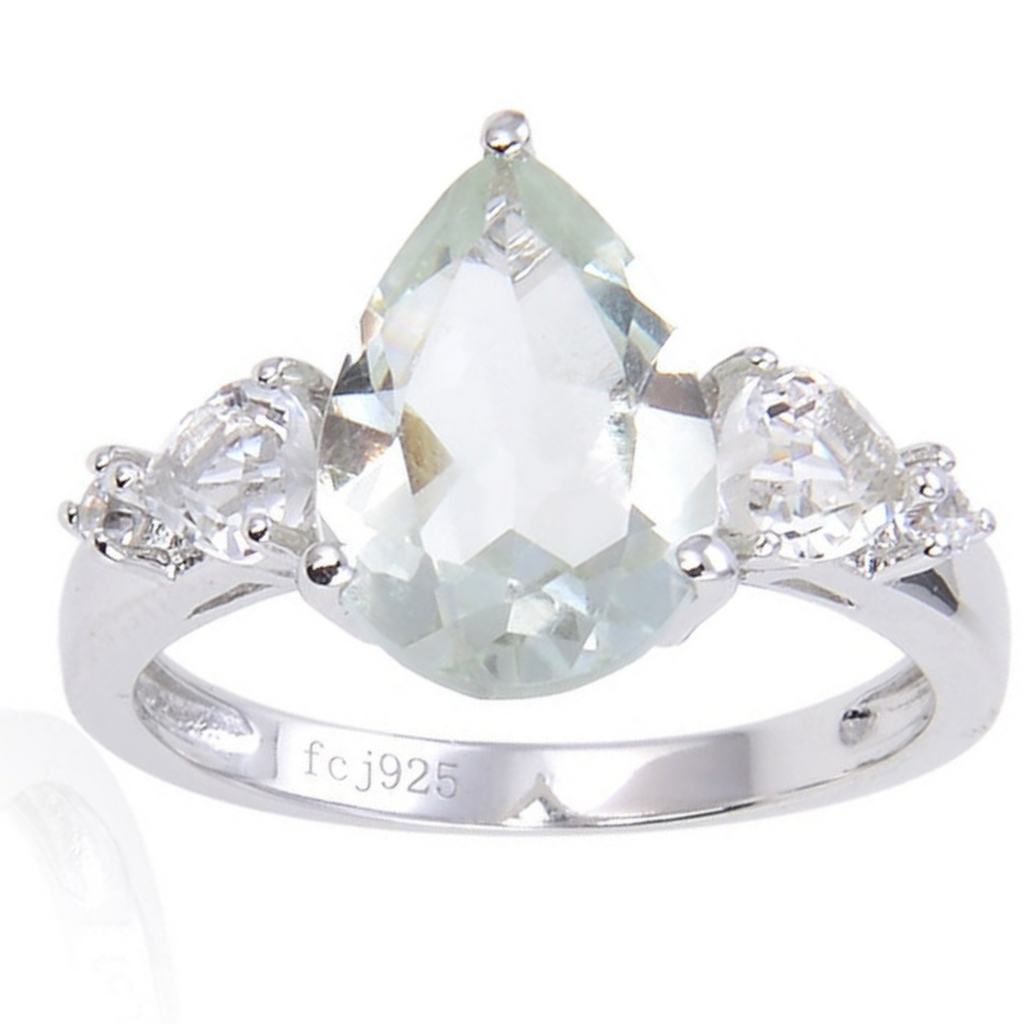 Green amethyst teardrop ring, pear shape amethyst centre stone ring for women