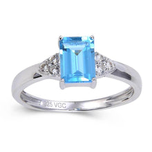 Load image into Gallery viewer, Blue Topaz Emerald Cut Solitaire Ring, emerald cut and trillion ring, wedding ring, stunning blue gemstone ring