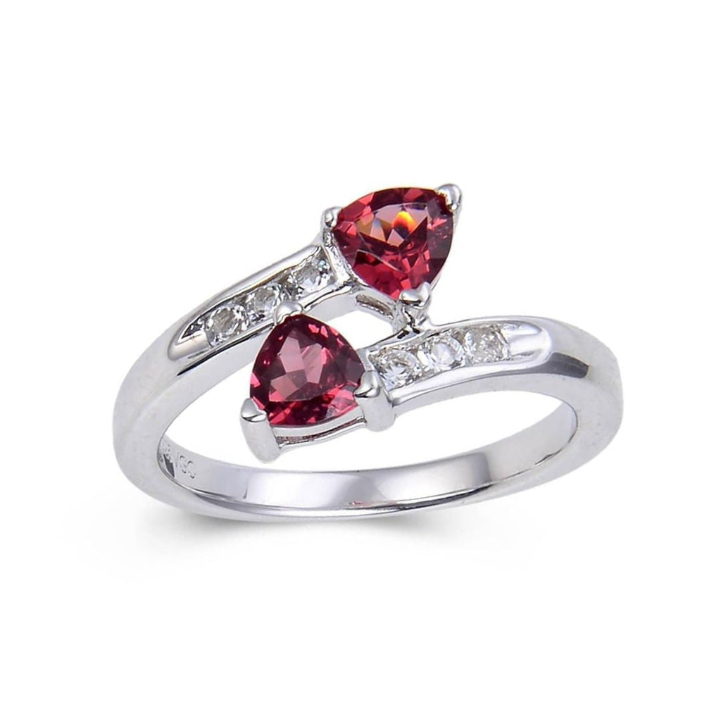 Garnet Dual Stone Trillon Ring, 925 sterling silver garnet ring with white topaz