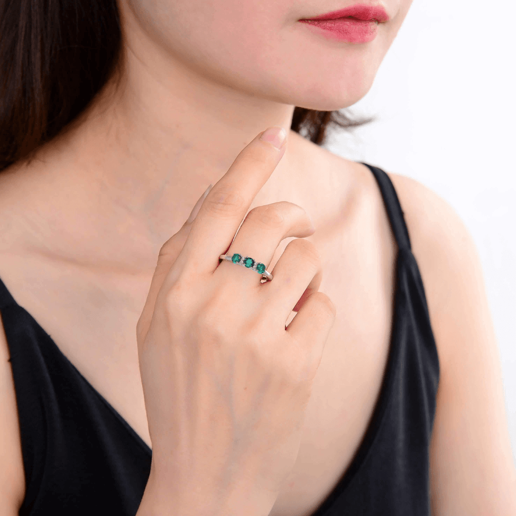 Three Stone Ring Emerald Ring for Women Moissanite Accents 925 Sterling Silver Ring