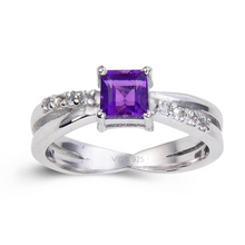 Load image into Gallery viewer, Amethyst Square Split Band Fashion Ring, topaz accented ring, topaz amethyst ring design, square amethyst ring design, square gemstone ring design, split band design