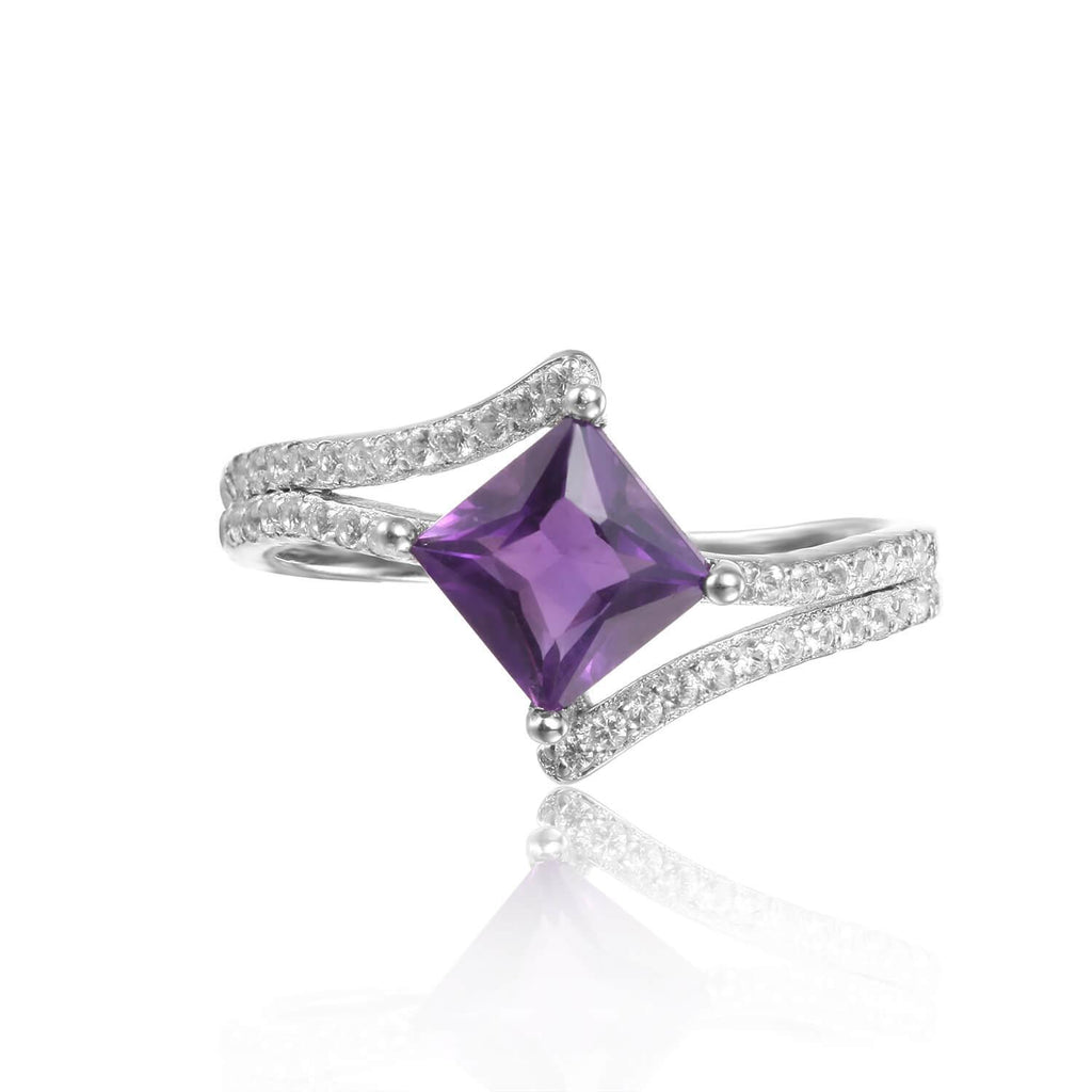 Refined Square Princess cut Natural Amethyst Ring with White Sapphire