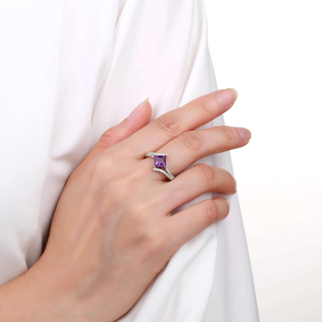 Refined Square Princess cut Natural Amethyst Ring with White Sapphire