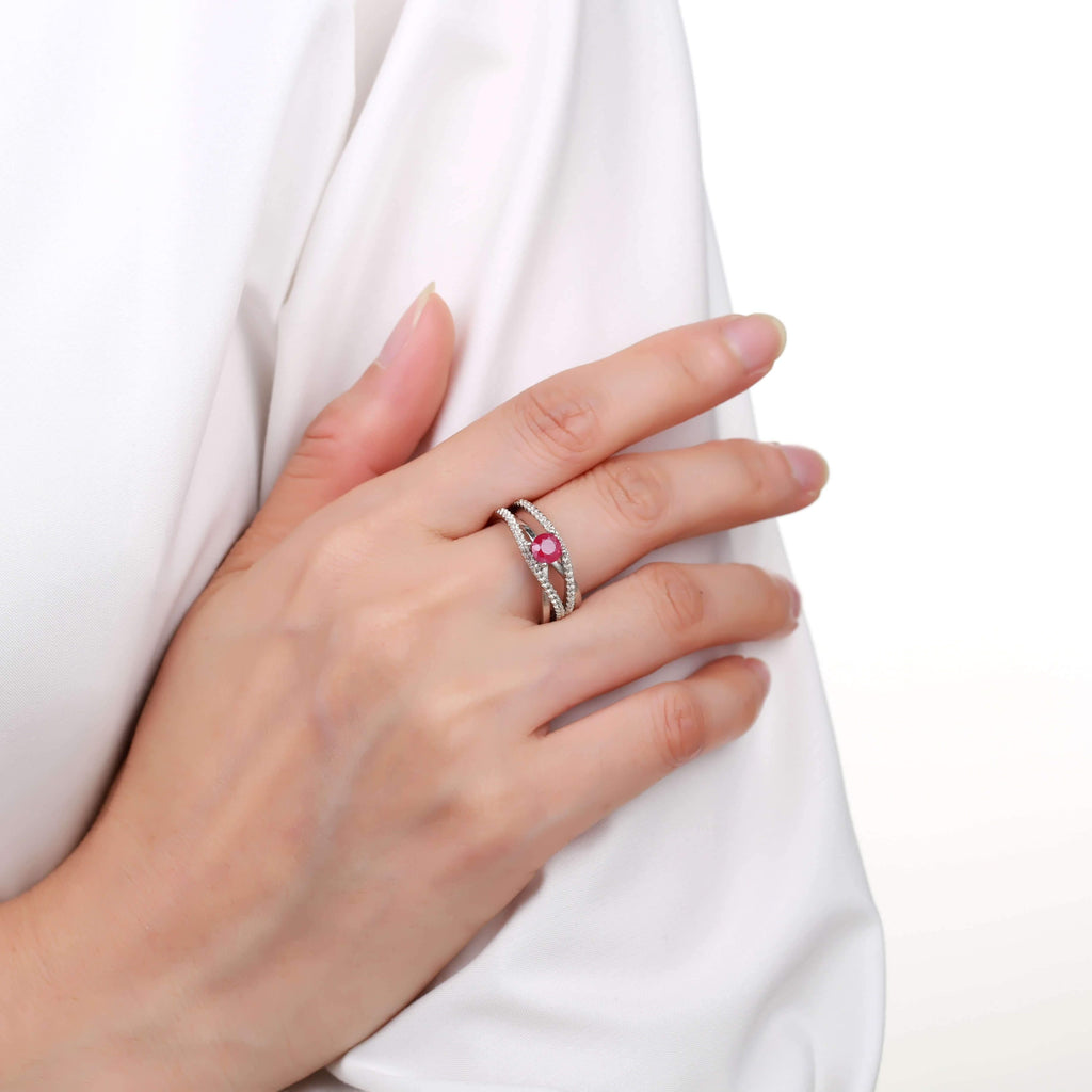 Ornate Round cut Genuine Ruby Ring with White Sapphire