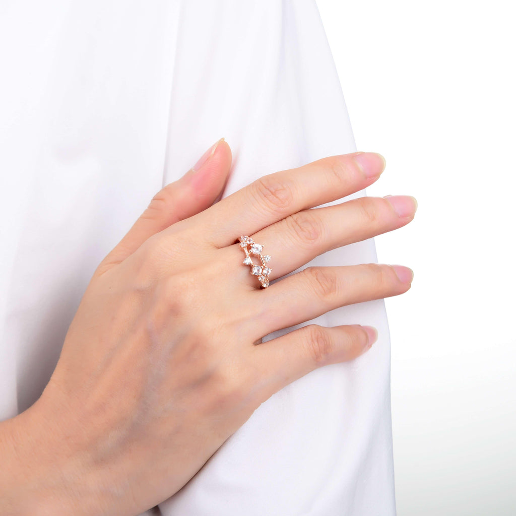 Enticing White Sapphire Cluster Ring in Rose Gold Plated Sterling Silver