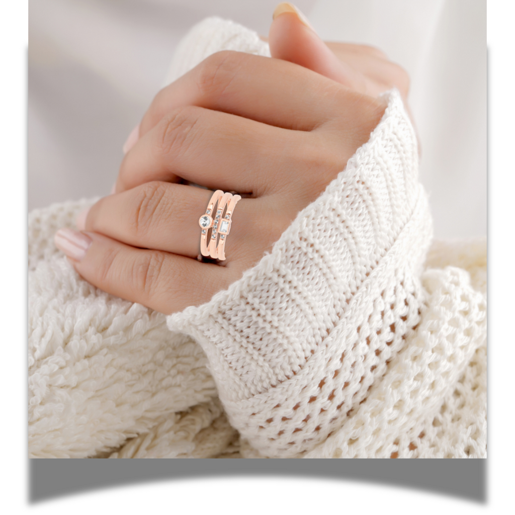 White Sapphire Rose Gold Three Band Fashion Ring