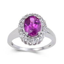 Load image into Gallery viewer, Purple Sapphire Oval Halo Ring, Topaz accented ring, 925 sterling silver sapphire ring, pink sapphire oval shape sapphire