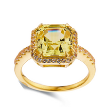 Load image into Gallery viewer, Asscher Cut Lab Grown Canary Yellow Sapphire, Topaz accented ring, Asscher cut halo ring, sapphire ring for her, 18K gold plated sterling silver ring