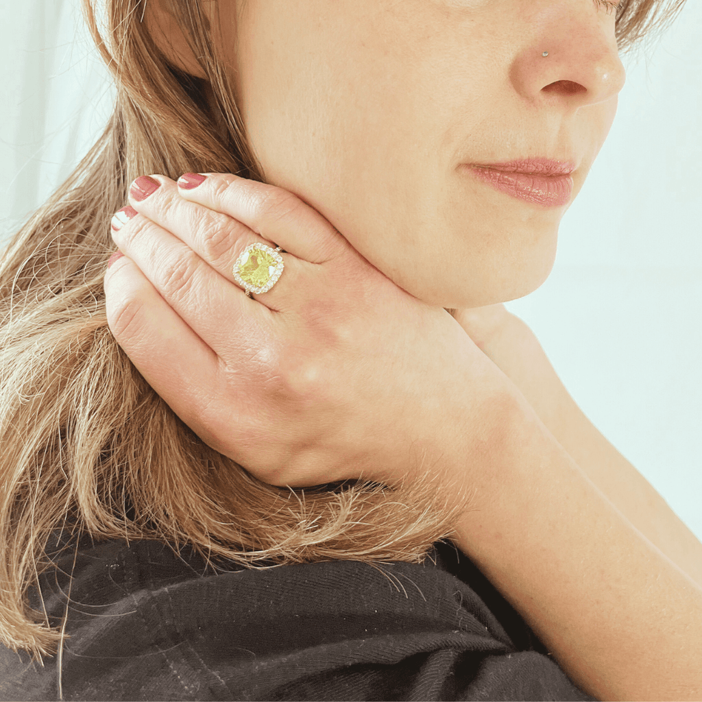 Model showcasing Yellow Cushion Halo Ring 18K Gold Plated Sterling Silver Lab Grown Sapphire Engagement Best Ring - FineColorJewels