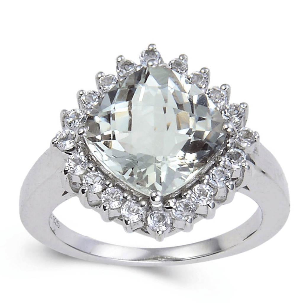 Green Amethyst Cushion Halo Ring, Amethyst and topaz ring, amethyst cocktail ring for women