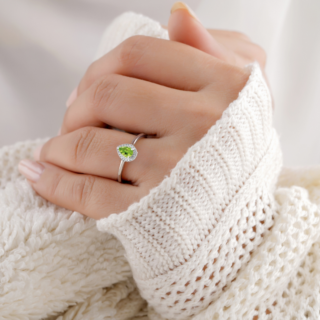 Natural Green Peridot Teardrop Halo Ring