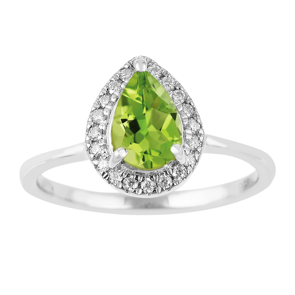 Natural Green Peridot Teardrop Halo Ring