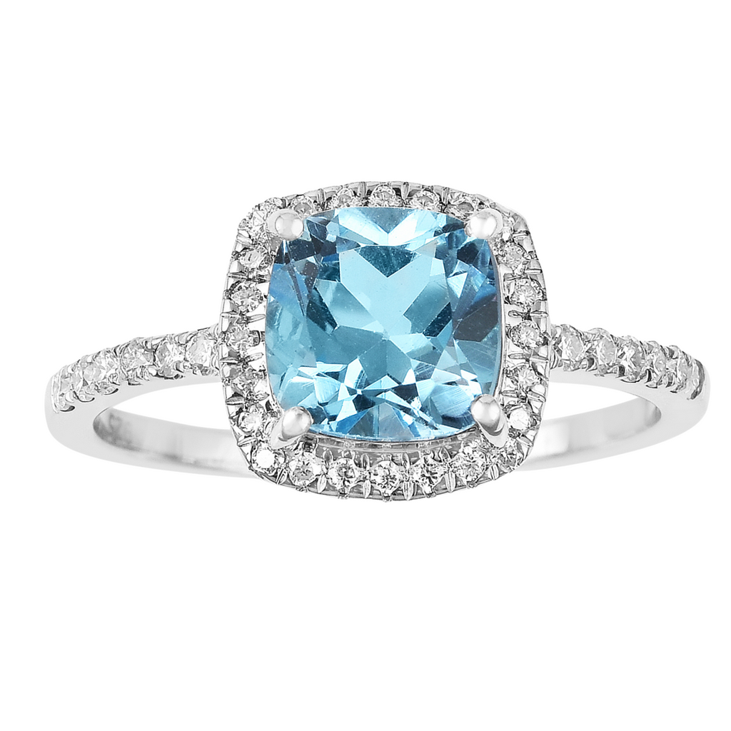 Natural Blue Topaz Cushion Halo Ring