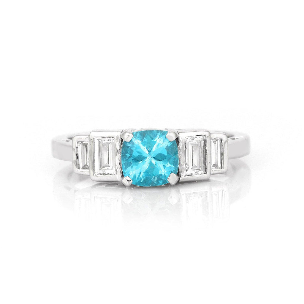 Natural Pariaba Blue Apatite Ring, cushion-cut Natural Pariaba Blue Apatite Ring, Baguette and rounch cut gemstone ring