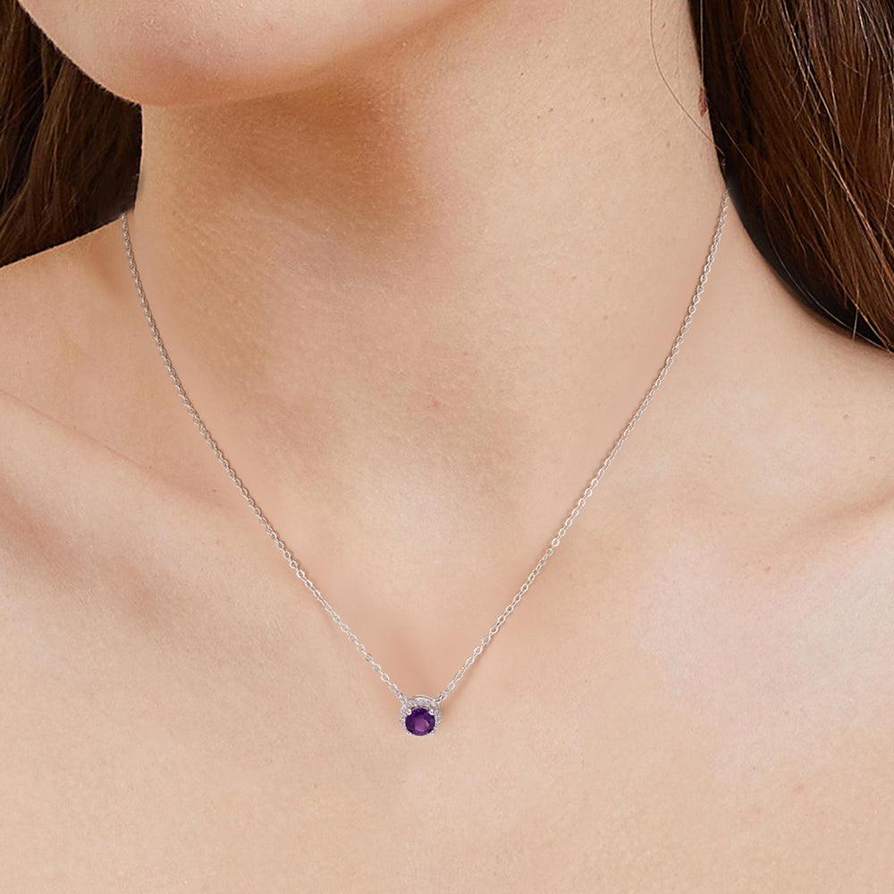 Purple Amethyst Halo Pendant Natural Dark Amethyst Necklace With White Topaz Accents February Birthstone Rhodium Plated Sterling Silver - FineColorJewels