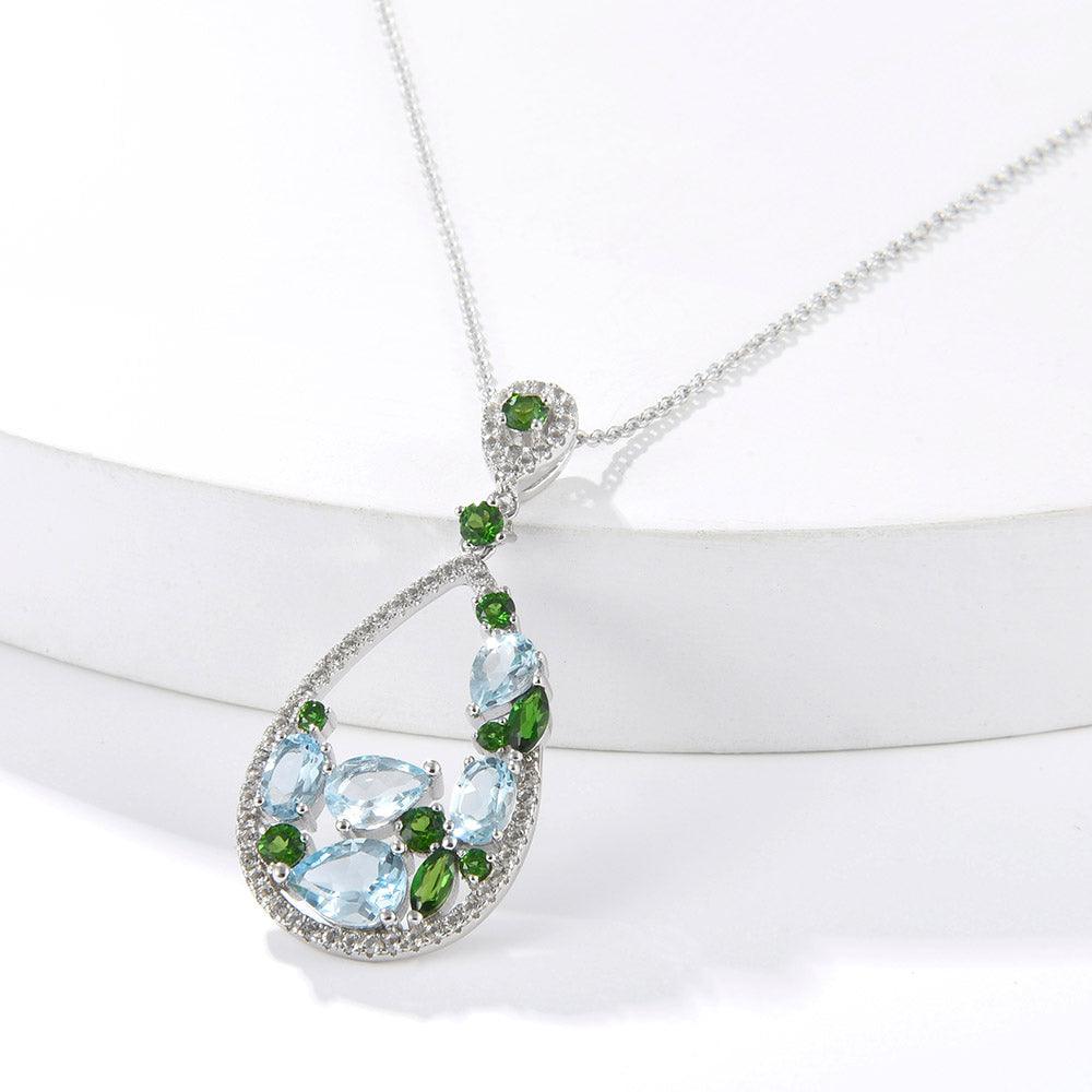 Teardrop Pendant Sterling Silver Blue Topaz Diopside Pendant Gift for Women Teardrop Multi-Color Gemstone Pendant Necklace - FineColorJewels