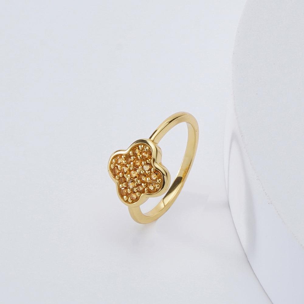 Four Leaf Clover Ring with Citrine Good Luck Ring 18k Yellow Gold Plated Silver Good Fortune Ring Gift for Her November Birthday Gift - FineColorJewels