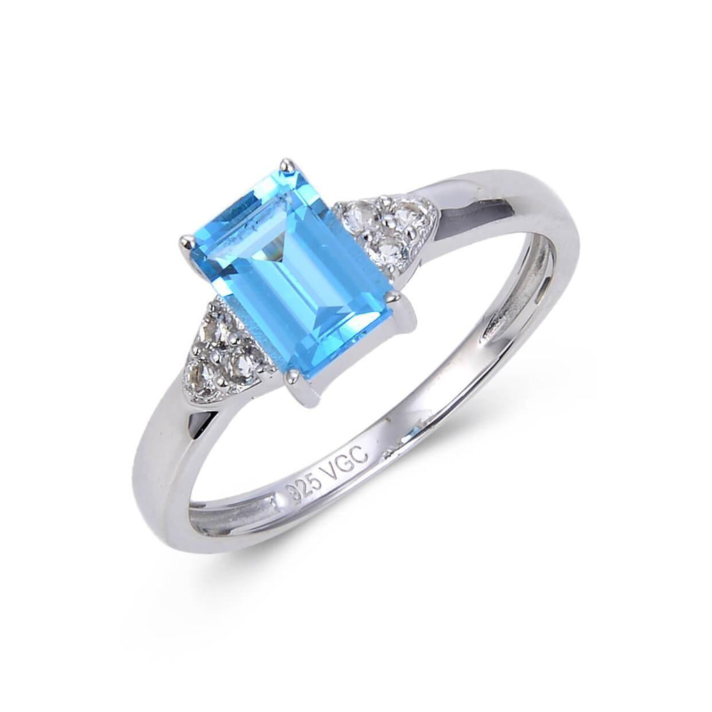 Sterling Silver Emerald Cut Blue Topaz Ring with White Topaz.
$ 50 & Under, 6, 7, 8, Blue, Emerald Cut, Blue Topaz,White Topaz, 925 Sterling Silver, Fashion