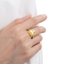 Load image into Gallery viewer, model hand showcasing GIFTS FOR HER YELLOW DIAMOND YELLOW SAPPHIRE lab grown sapphire yellow ring yellow cocktail ring bright yellow ring yellow sapphire ring proposal ring gift ring yellow diamond Gift For Women Sterling Silver Ring Cushion Cut Ring- FineColorJewels