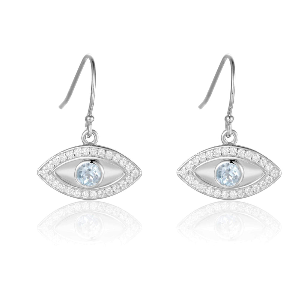 Natural Blue Topaz Rhodium Plated Evil Eye Earrrings