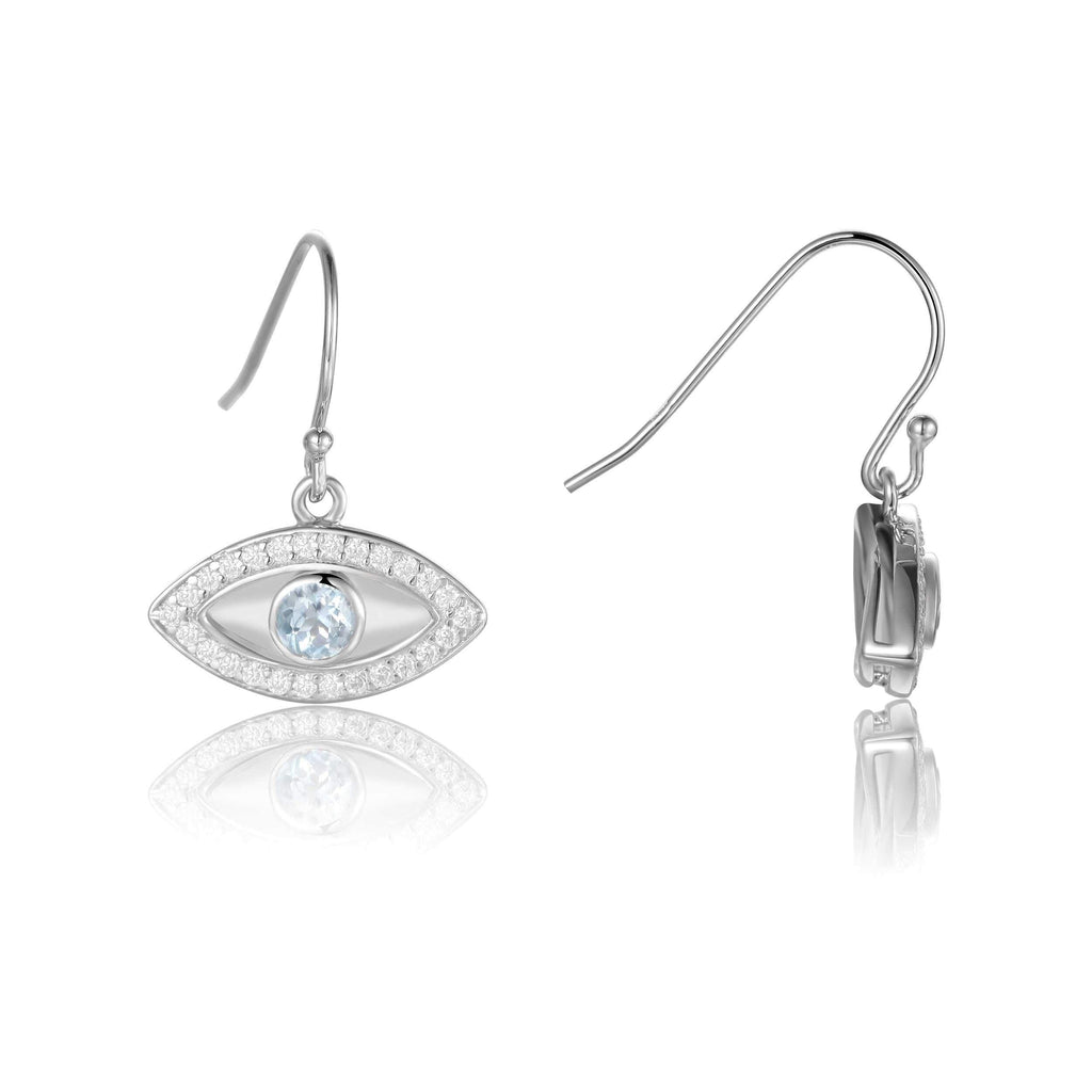 Natural Blue Topaz Rhodium Plated Evil Eye Earrrings