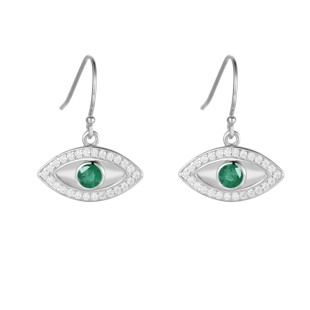 Genuine Emerald Rhodium Plated Evil Eye EarrringsGreen Emerald Dangling Earrings | May Birthstone Earrings