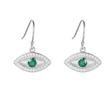 Load image into Gallery viewer, Genuine Emerald Rhodium Plated Evil Eye EarrringsGreen Emerald Dangling Earrings | May Birthstone Earrings