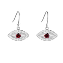 Load image into Gallery viewer, Natural Garnet Rhodium Plated Evil Eye Earrrings garnet earrings evil eye earrings mal de ojo earrings red eye earrings silver evil eye dangling evil eye dangling earrings protection earrinngs evil eye charm protection jewelry summer jewelry protection jwelery gift from daughter