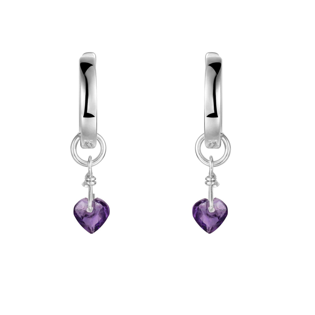 Natural Amethyst Dangling Rhodium Heart Earrings