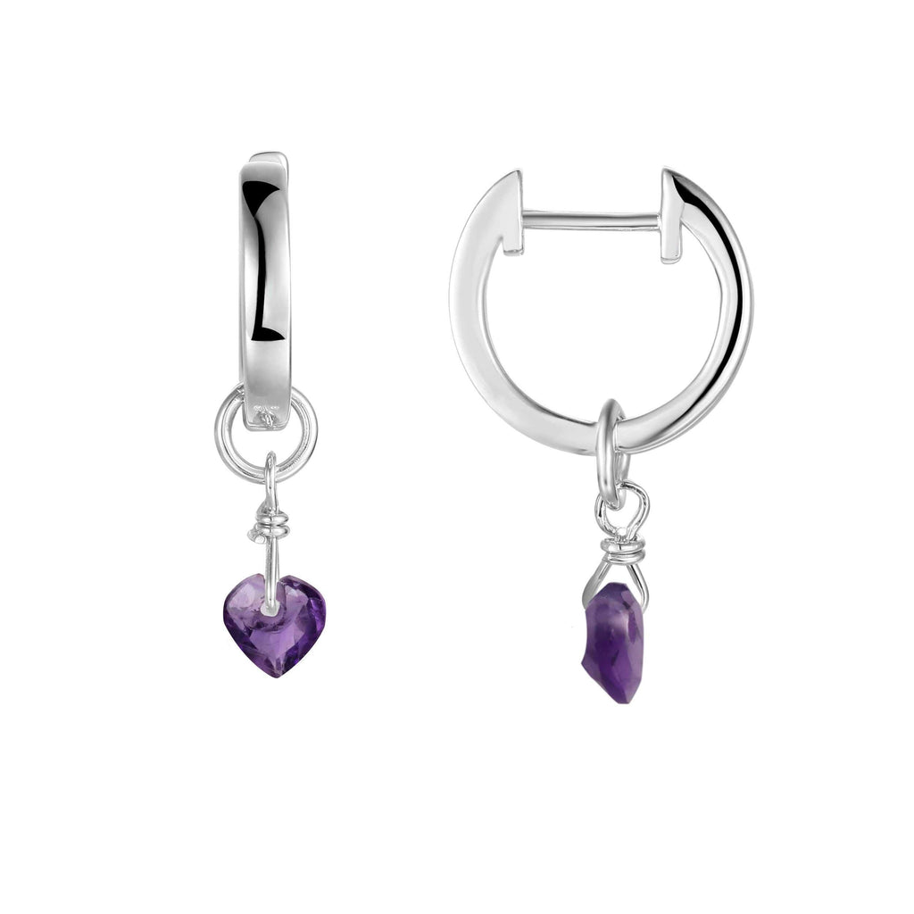 Natural Amethyst Dangling Rhodium Heart Earrings