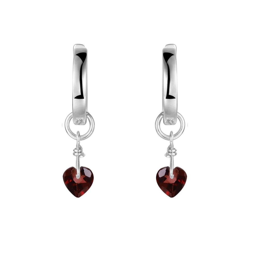 Natural Garnet Dangling Rhodium Heart Earrings