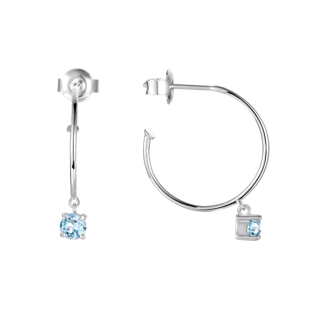 Natural Blue Topaz Dainty Round Rhodium Earrings