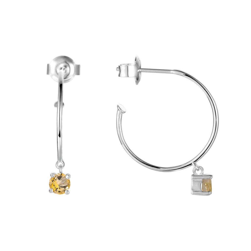 Natural Citrine Dainty Round Rhodium Earrings