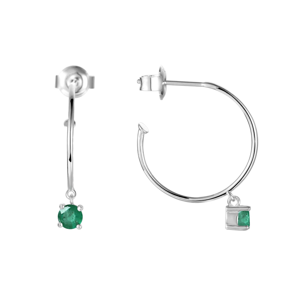 Genuine Emerald Dainty Round Rhodium Hoop Earrings