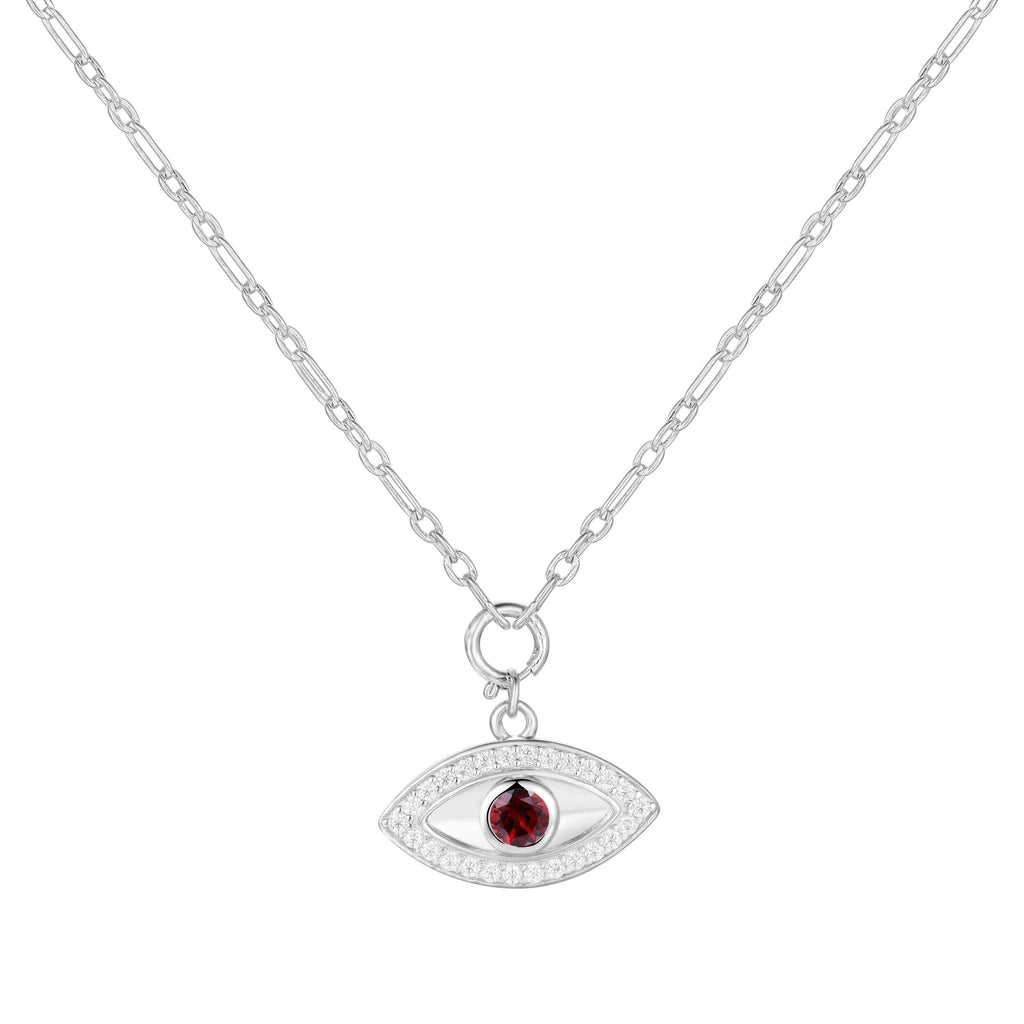 Natural Garnet Rhodium Plated Evil Eye Necklace