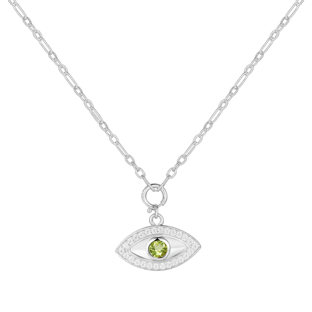 Natural Peridot Rhodium Plated Evil Eye Necklace