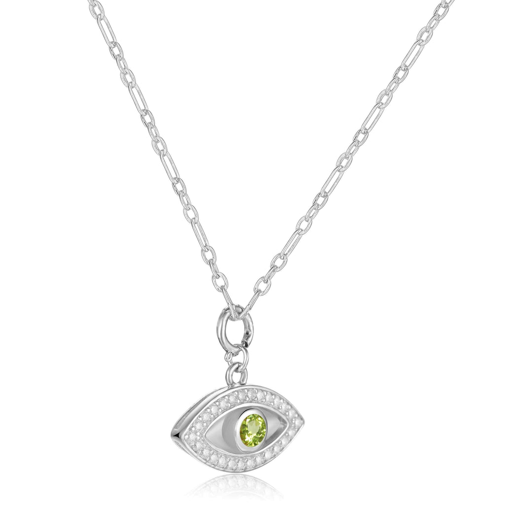 Natural Peridot Rhodium Plated Evil Eye Necklace