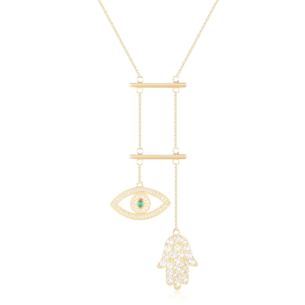 Emerald Evil Eye and Hamsa Necklace - FineColorJewels