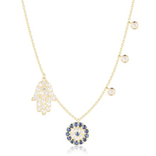 Load image into Gallery viewer, Hamsa &amp; Evil Eye Necklace Gold Plated Blue Sapphire Charm Necklace Evil Eye Guardian Necklace Blue Sapphire Evil Eye Protection Pendant