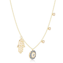 Load image into Gallery viewer, evil eye necklace hamsa necklace sapphire necklace evil eye sapphire evil eye classic evil eye gold evil eye hamsa pendant gemstone hamsa evil eye hamsa summer jewelry protection jewelry gift from daughter Hamsa &amp; Evil Eye Necklace Gold Plated Blue Sapphire Charm Necklace 