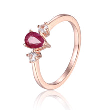 Load image into Gallery viewer, Rose Gold Plated Three Stone Teardrop Genuine Ruby Ring