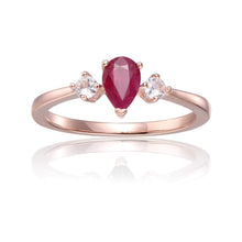 Load image into Gallery viewer, Ruby Three Stone Teardrop Ring, Pear ruby ring with moissanite