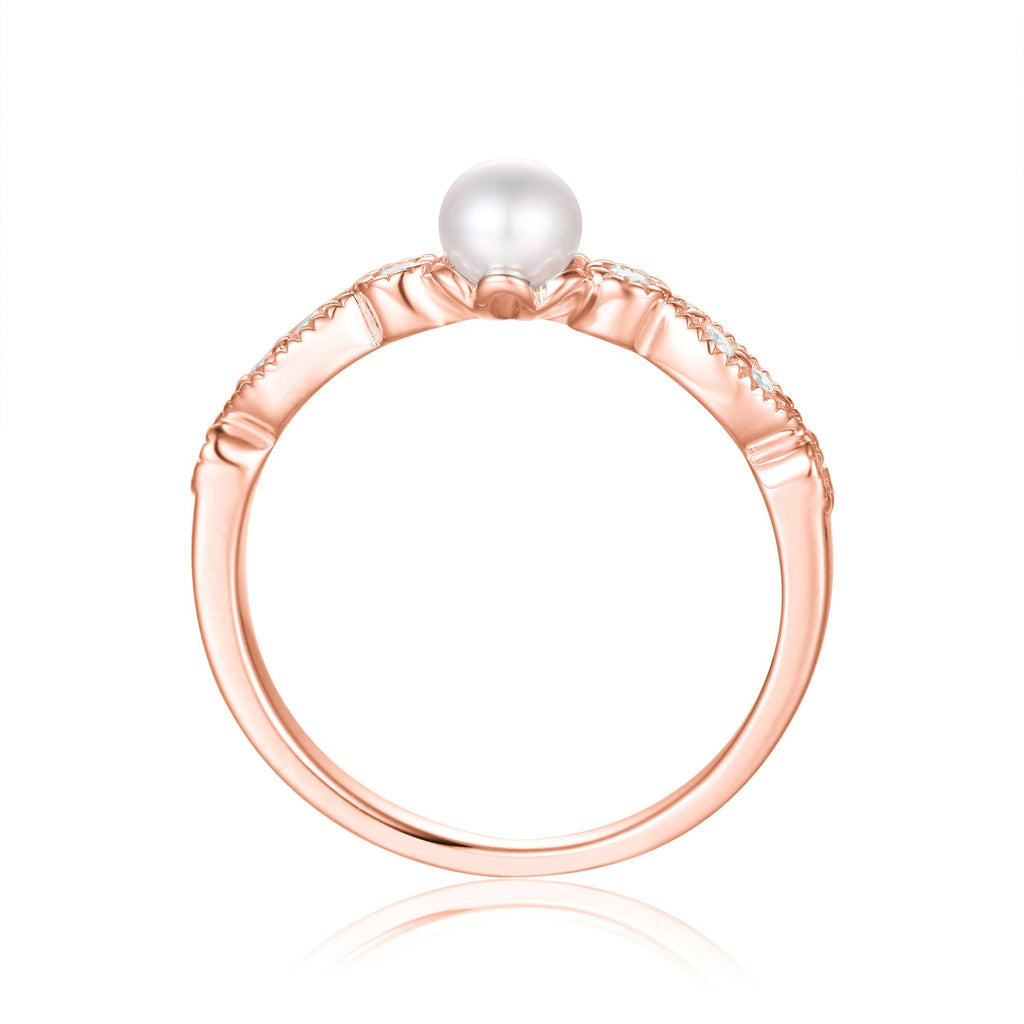Fresh Water Pearl Ring with Moissanite Accent Stones Round Pearl Ring 18k Rose Gold Plated Silver Ring June Birthday Gift for Her- FineColorJewels