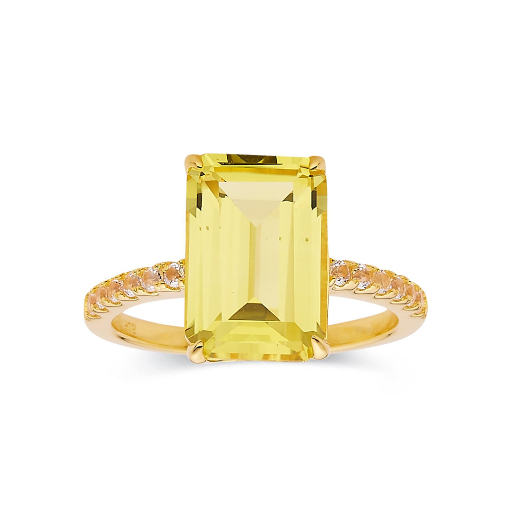 Canary Yellow Sapphire Ring Emerald Cut Lab Grown Yellow Canary Ring 18K Yellow Gold Plated Sterling Silver Best Ring Gift For Womens - FineColorJewels