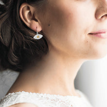 Load image into Gallery viewer, women wearing earrings, women in citrine jewelry, citrine and moissanite earrings