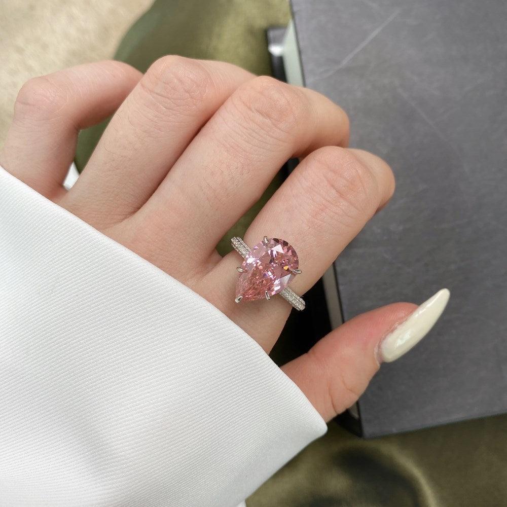 Pink Zirconia Ring Cz Cocktail Ring TearDrop Pink Statement Ring Sterling Silver Pink Gemstone Ring  - FineColorJewels