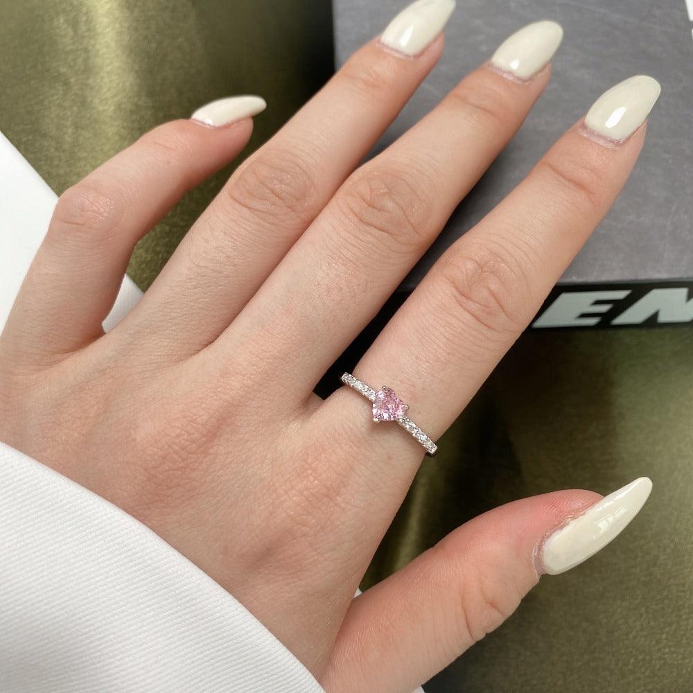 Pink Zirconia Ring Pink Cz Gemstone Heart Shaped Ring 925 Sterling Silver Princess Pink Ring - FineColorJewels